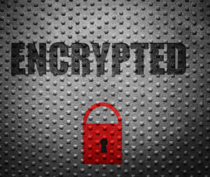 Photo red lock on grey metal background with the text ENCRYPTED in all caps